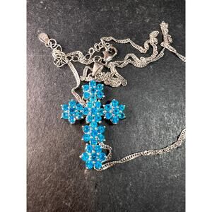 Neon Blue Apatite Rhodium Over Sterling Silver Cross Pendant With Chain 3.25ctw